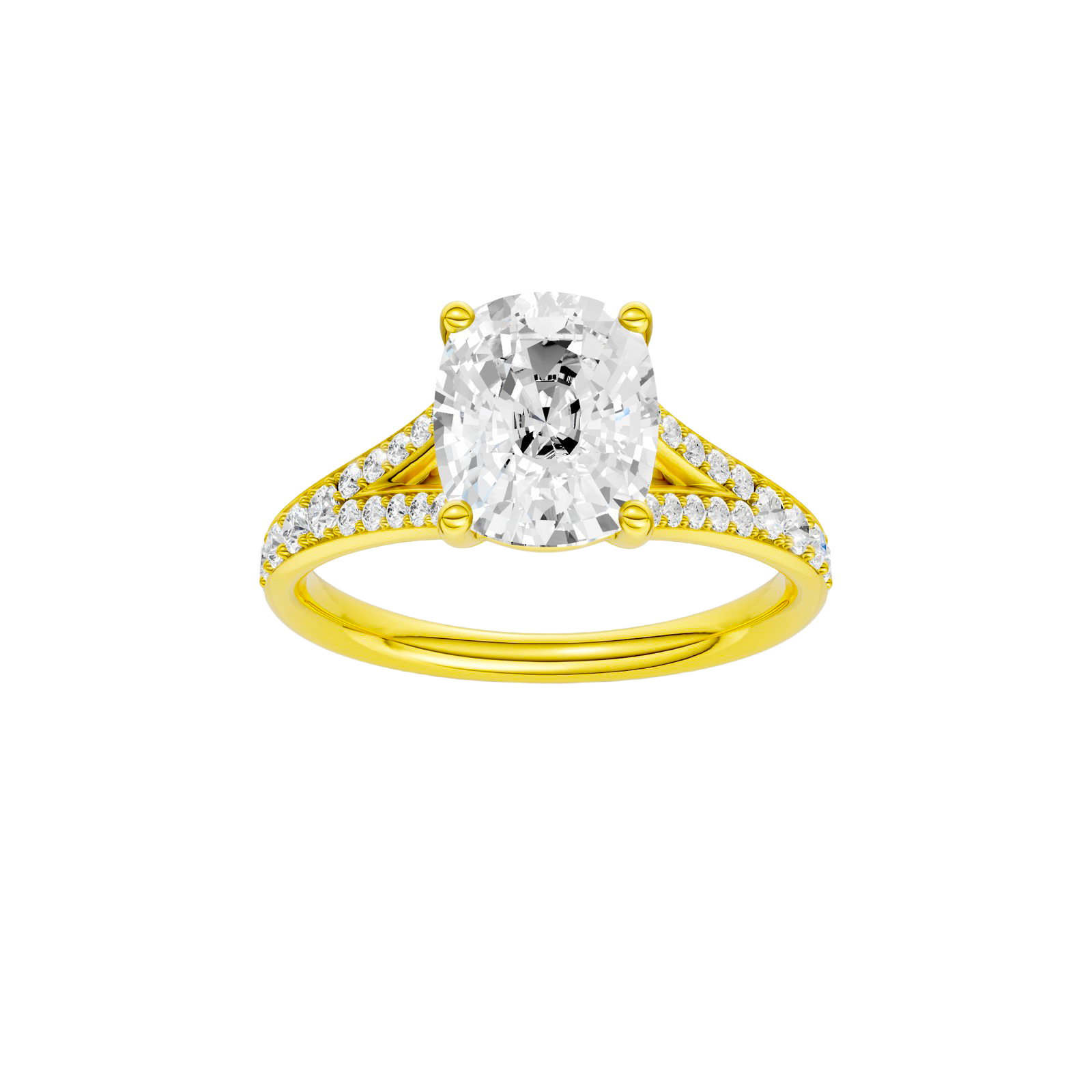 Elongated cushion-cut diamond engagement ring with a channel-set diamond band and solitaire setting.