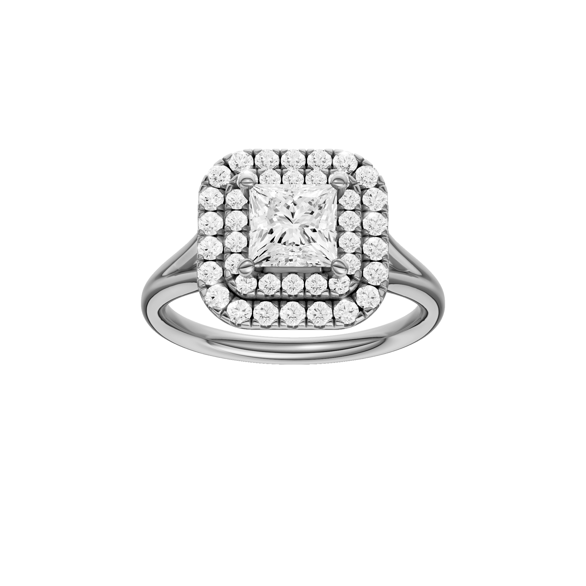 Princess-cut diamond engagement ring with a plain band and double-halo setting.