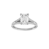Emerald-cut diamond engagement ring with a channel-set diamond band and hidden-halo setting.