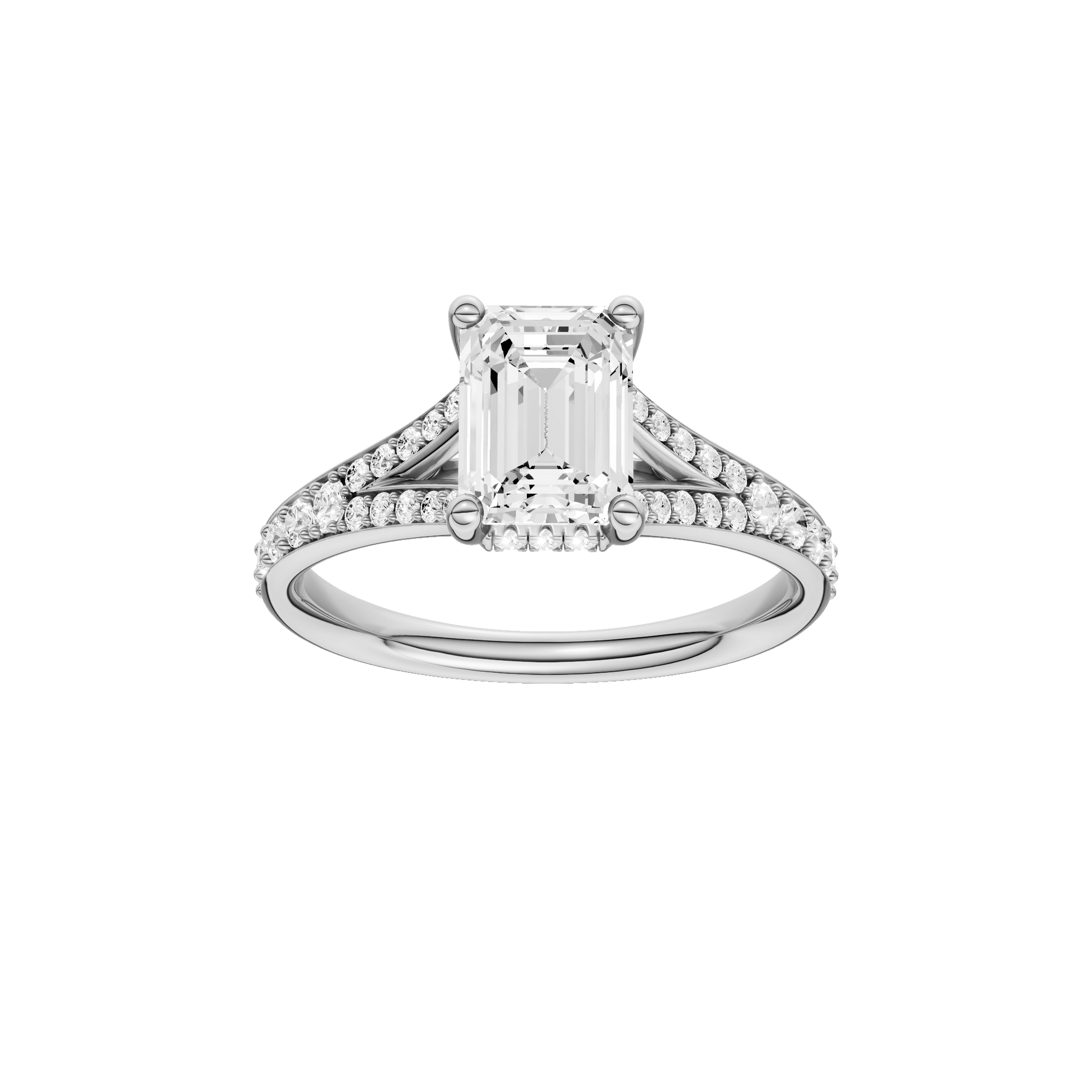 Emerald-cut diamond engagement ring with a channel-set diamond band and hidden-halo setting.