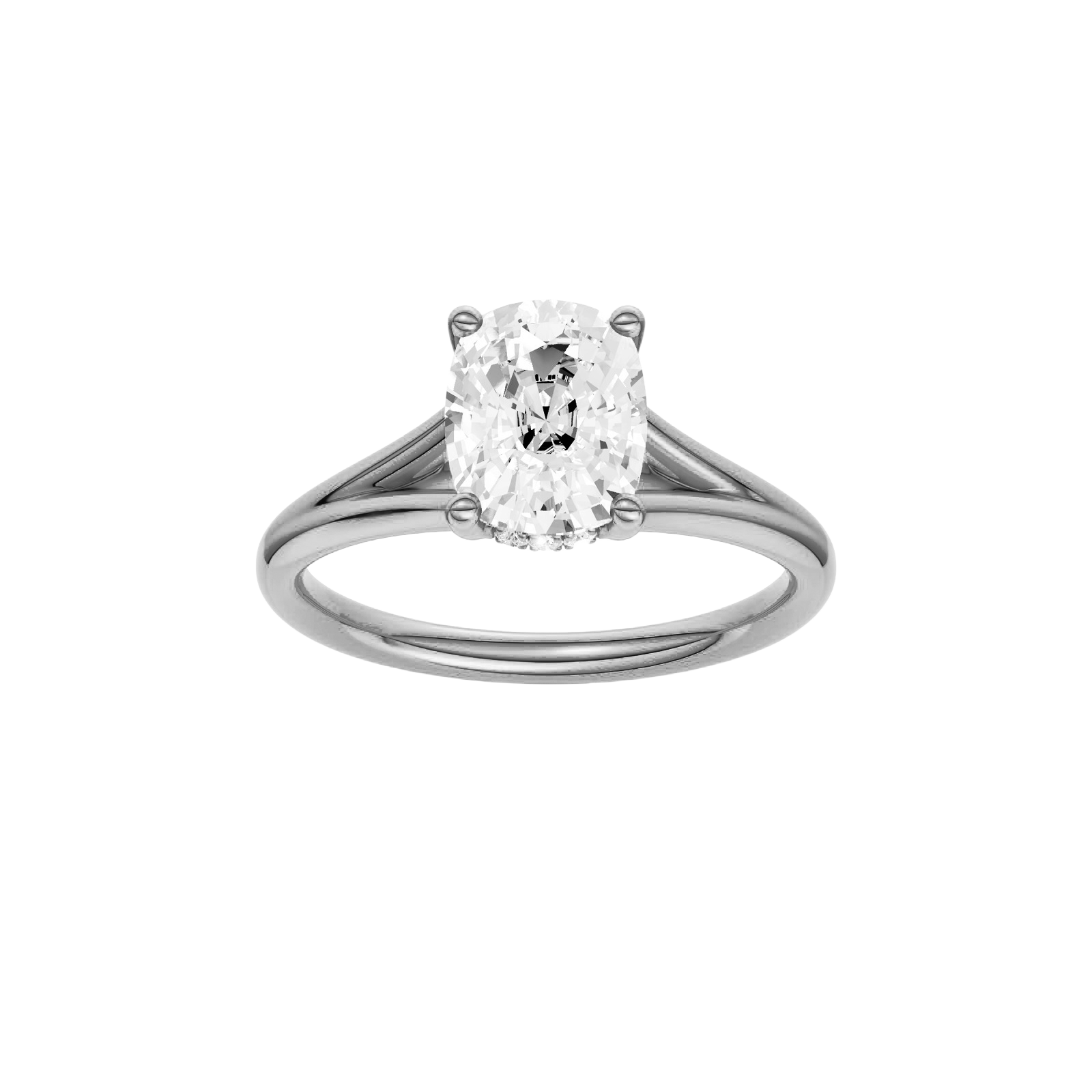 Elongated cushion-cut diamond engagement ring with a plain band and hidden-halo setting.