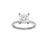 Princess-cut diamond engagement ring with a pavé-set diamond band and hidden-halo setting.