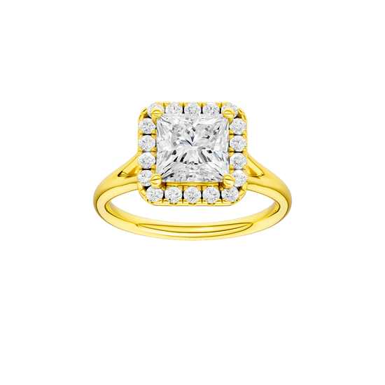 Princess-cut diamond engagement ring with a plain band and halo setting.