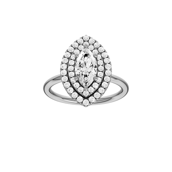 Marquise-cut diamond engagement ring with a plain band and double-halo setting.