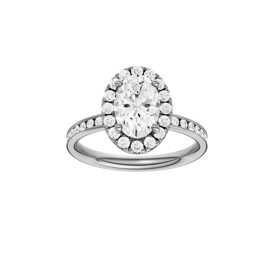 Oval-cut diamond engagement ring with a channel-set diamond band and halo setting.
