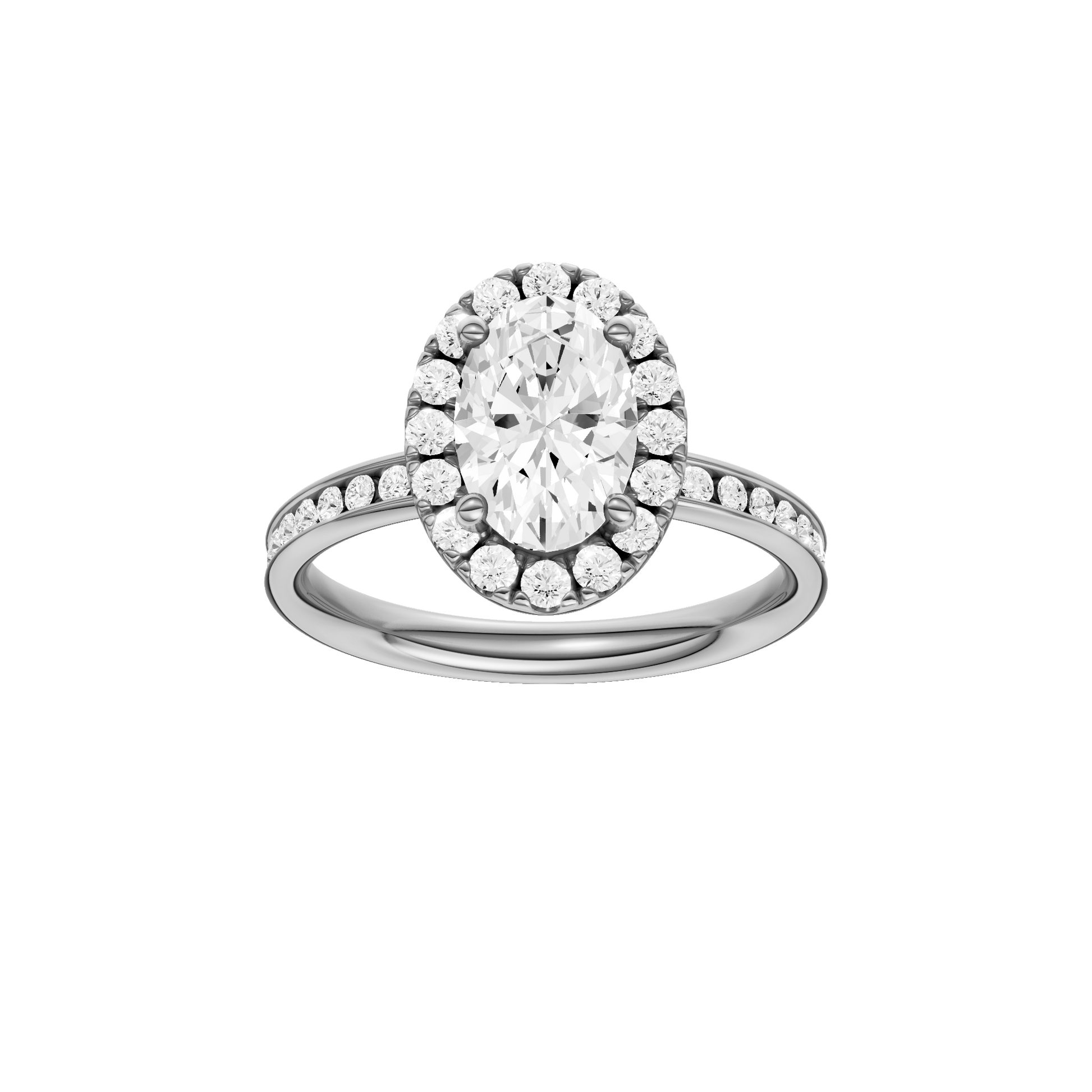 Oval-cut diamond engagement ring with a channel-set diamond band and halo setting.