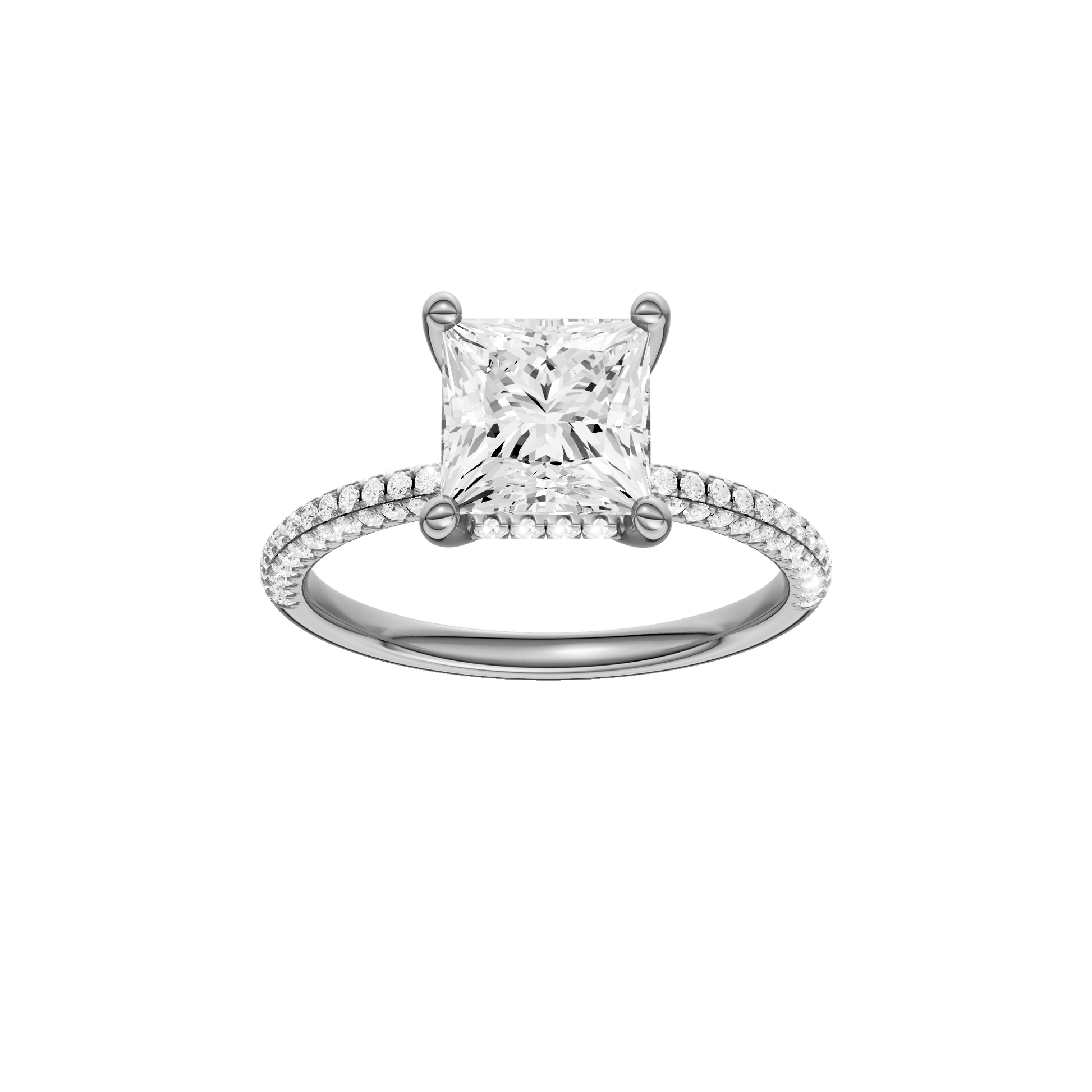 Princess-cut diamond engagement ring with a pavé-set diamond band and hidden-halo setting.