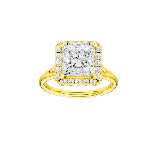 Princess-cut diamond engagement ring with a plain band and halo setting.