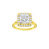 Princess-cut diamond engagement ring with a plain band and halo setting.