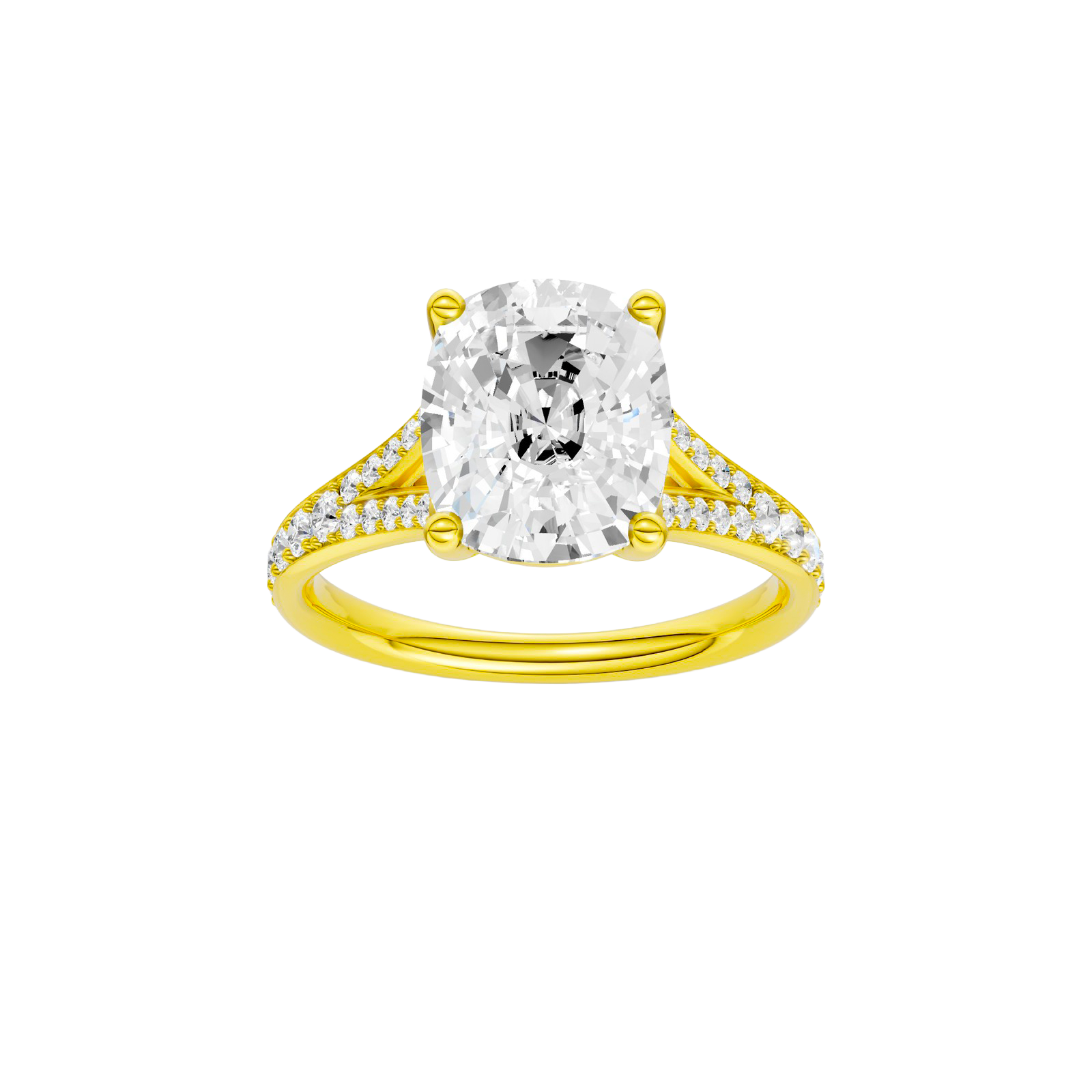 Elongated cushion-cut diamond engagement ring with a channel-set diamond band and solitaire setting.