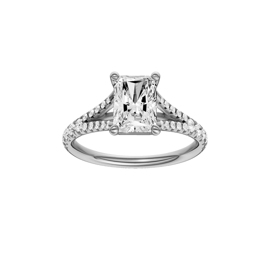 Radiant-cut diamond engagement ring with a prong-set diamond band and solitaire setting.