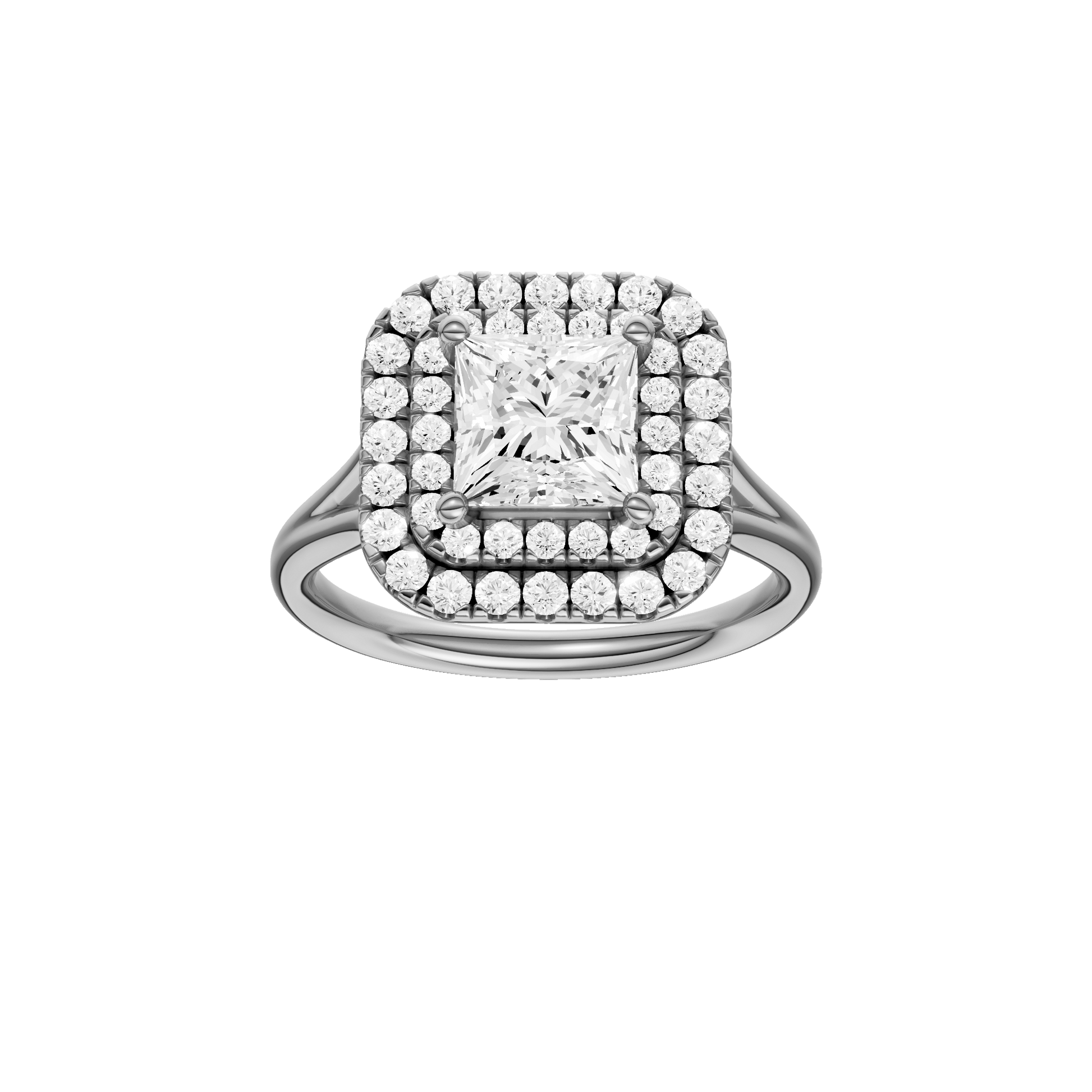 Princess-cut diamond engagement ring with a plain band and double-halo setting.