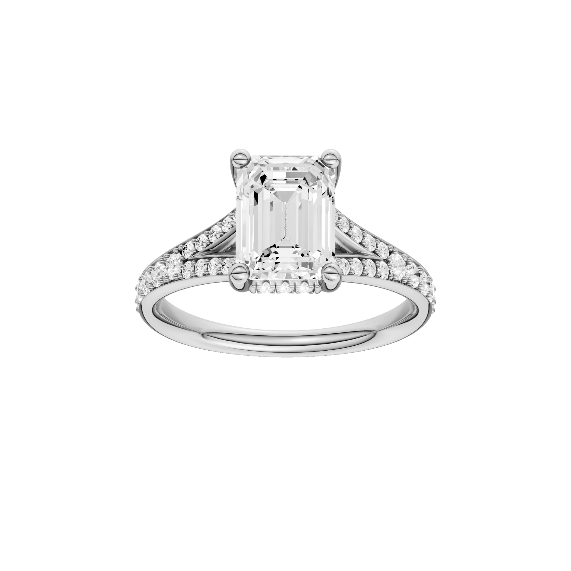 Emerald-cut diamond engagement ring with a channel-set diamond band and hidden-halo setting.