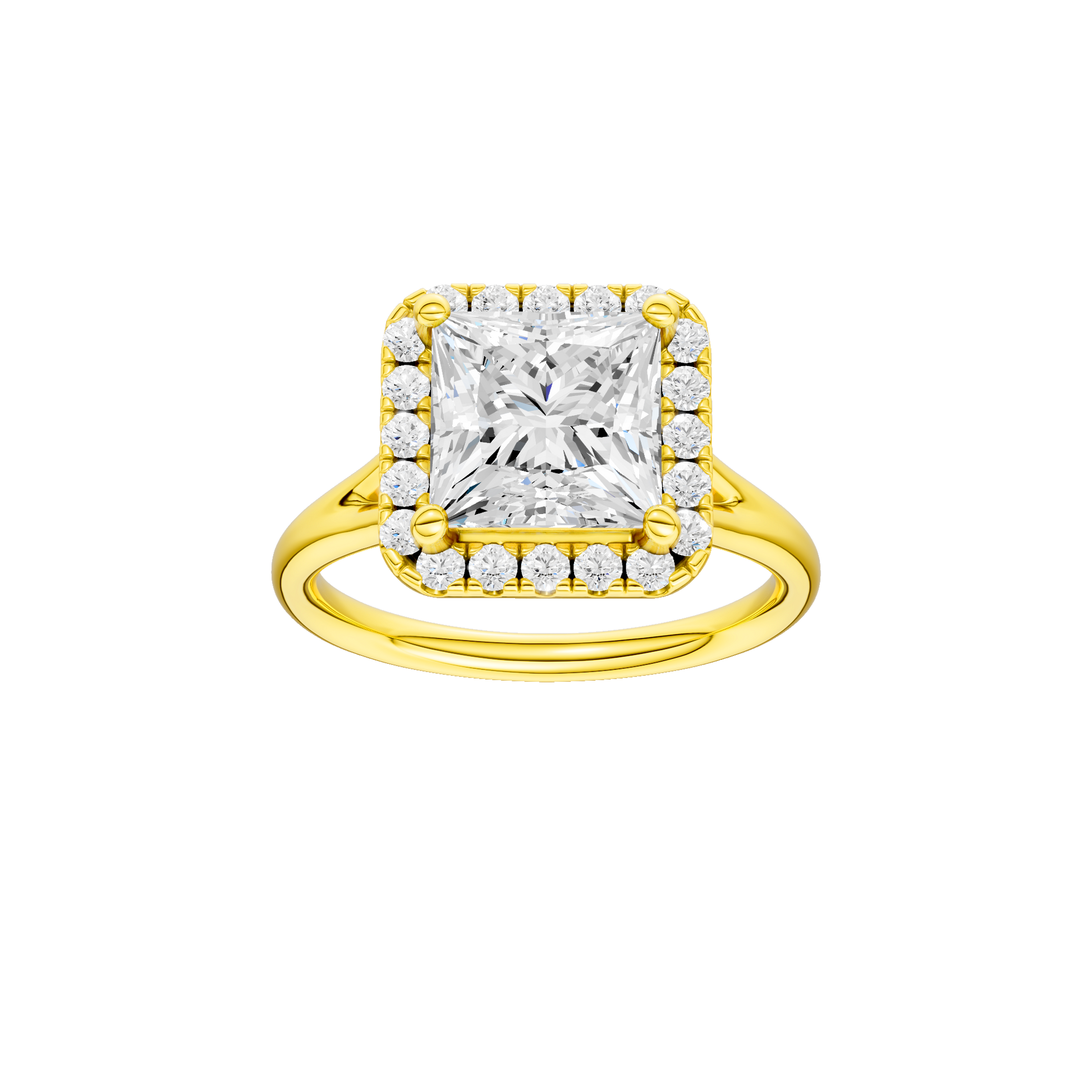 Princess-cut diamond engagement ring with a plain band and halo setting.