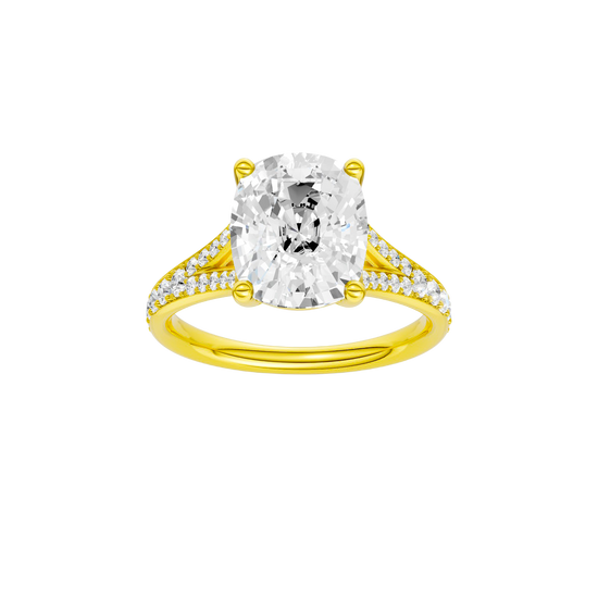 Elongated cushion-cut diamond engagement ring with a channel-set diamond band and solitaire setting.