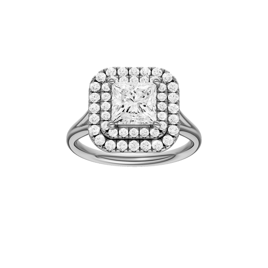 Princess-cut diamond engagement ring with a plain band and double-halo setting.