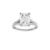 Emerald-cut diamond engagement ring with a channel-set diamond band and hidden-halo setting.
