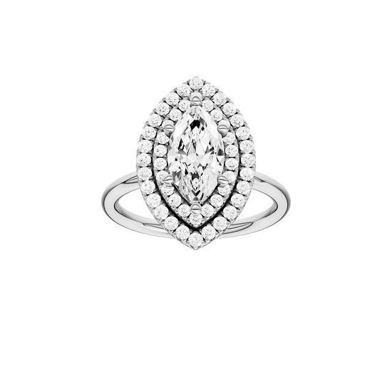 Marquise-cut diamond engagement ring with a plain band and double-halo setting.