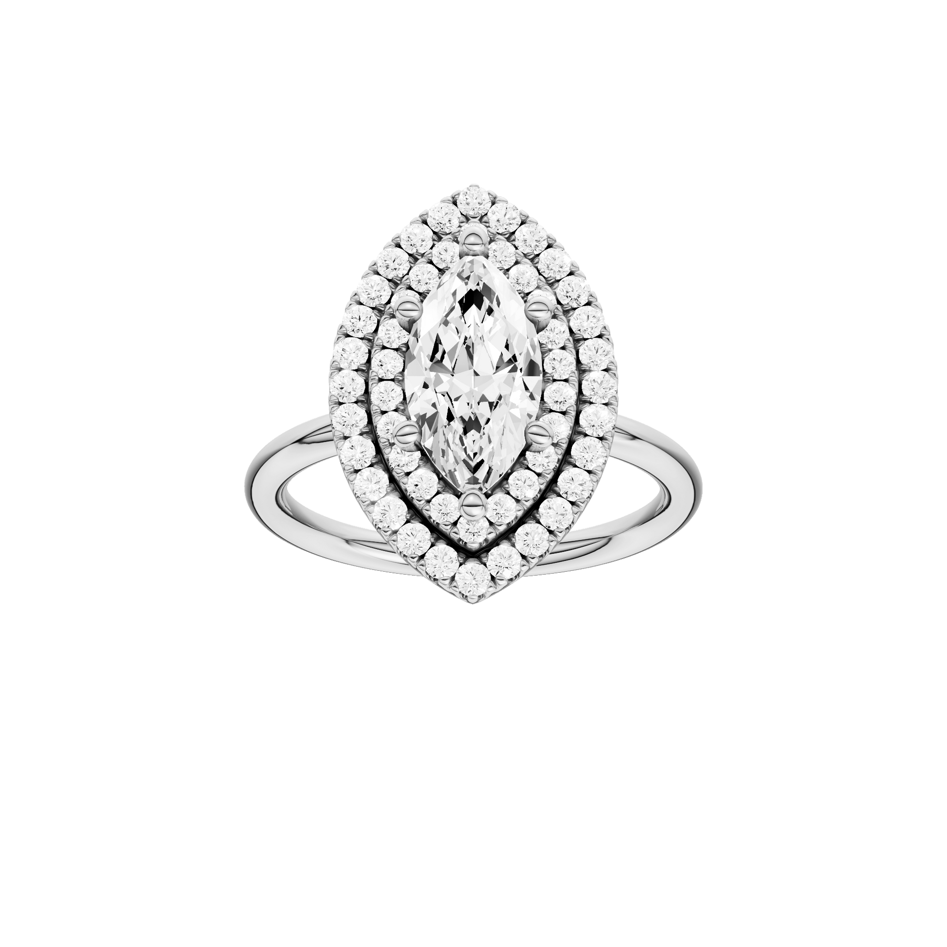 Marquise-cut diamond engagement ring with a plain band and double-halo setting.