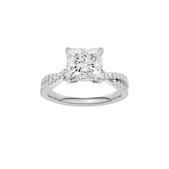 Princess-cut diamond engagement ring in 14k white gold with a prong-set diamond band and twist setting