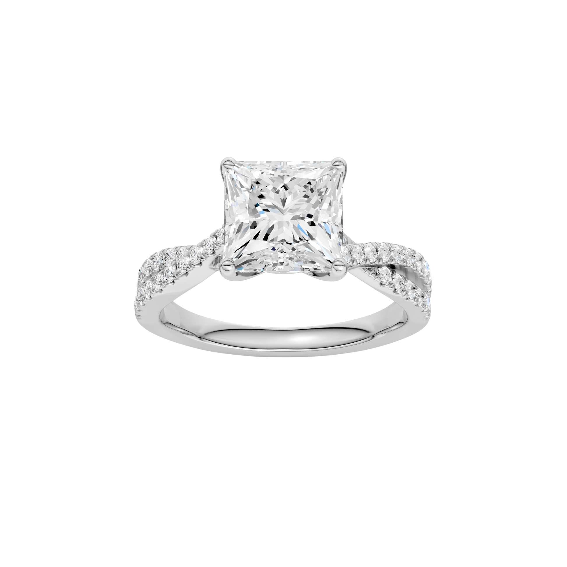 Princess-cut diamond engagement ring in 14k white gold with a prong-set diamond band and twist setting