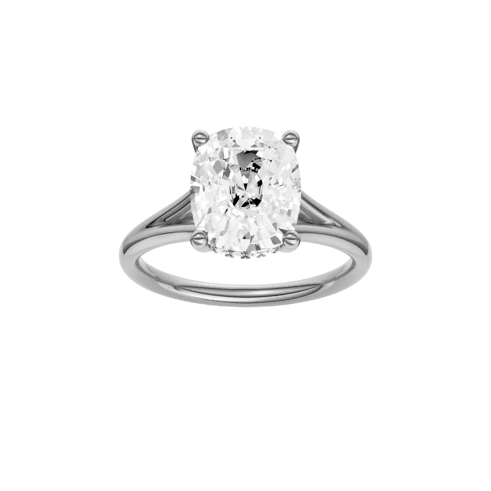Elongated cushion-cut diamond engagement ring with a plain band and hidden-halo setting.