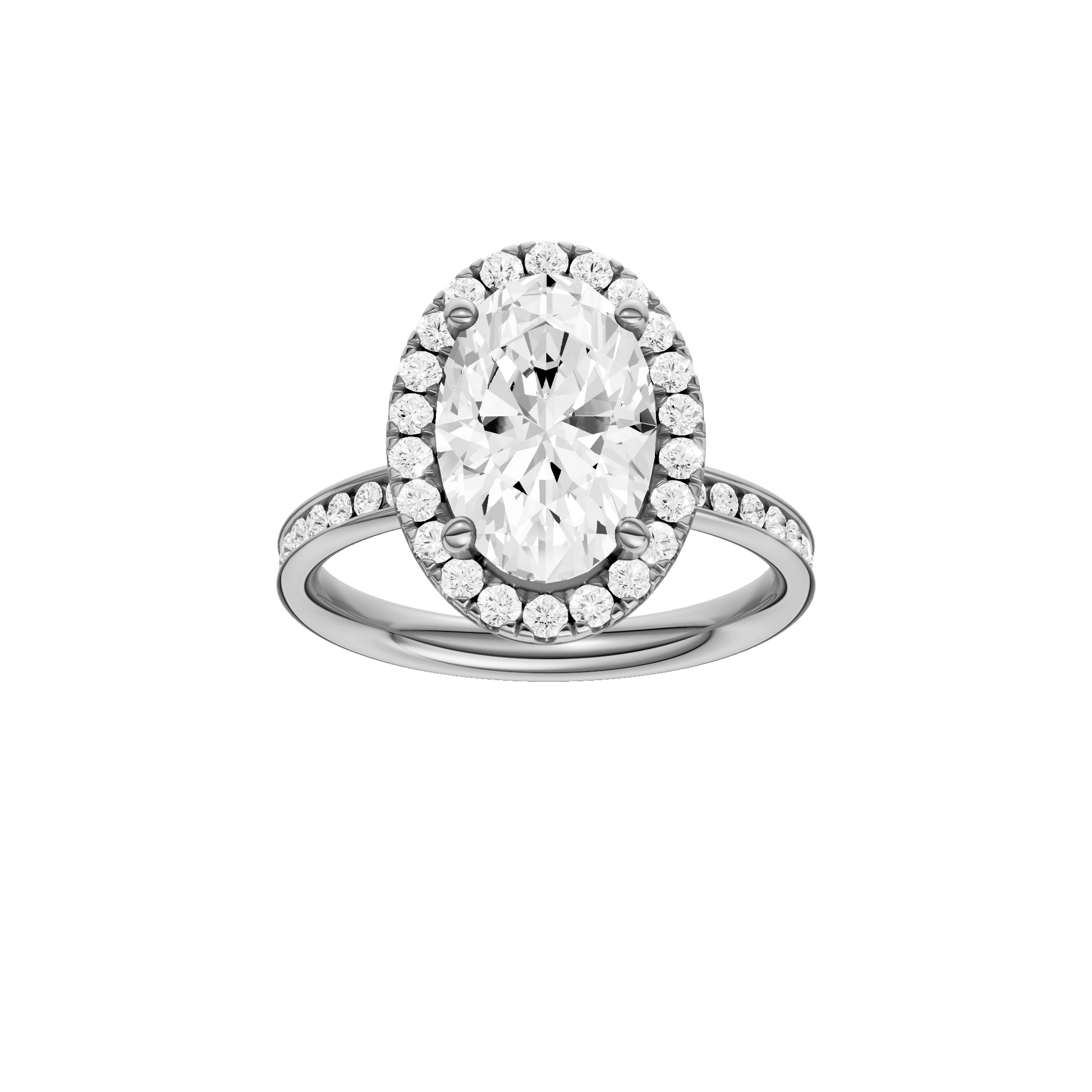 Oval-cut diamond engagement ring with a channel-set diamond band and halo setting.