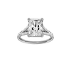 Radiant-cut diamond engagement ring with a prong-set diamond band and solitaire setting.