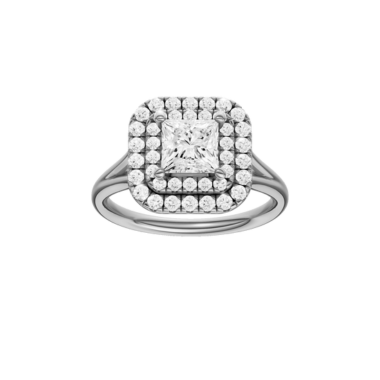 Princess-cut diamond engagement ring with a plain band and double-halo setting.
