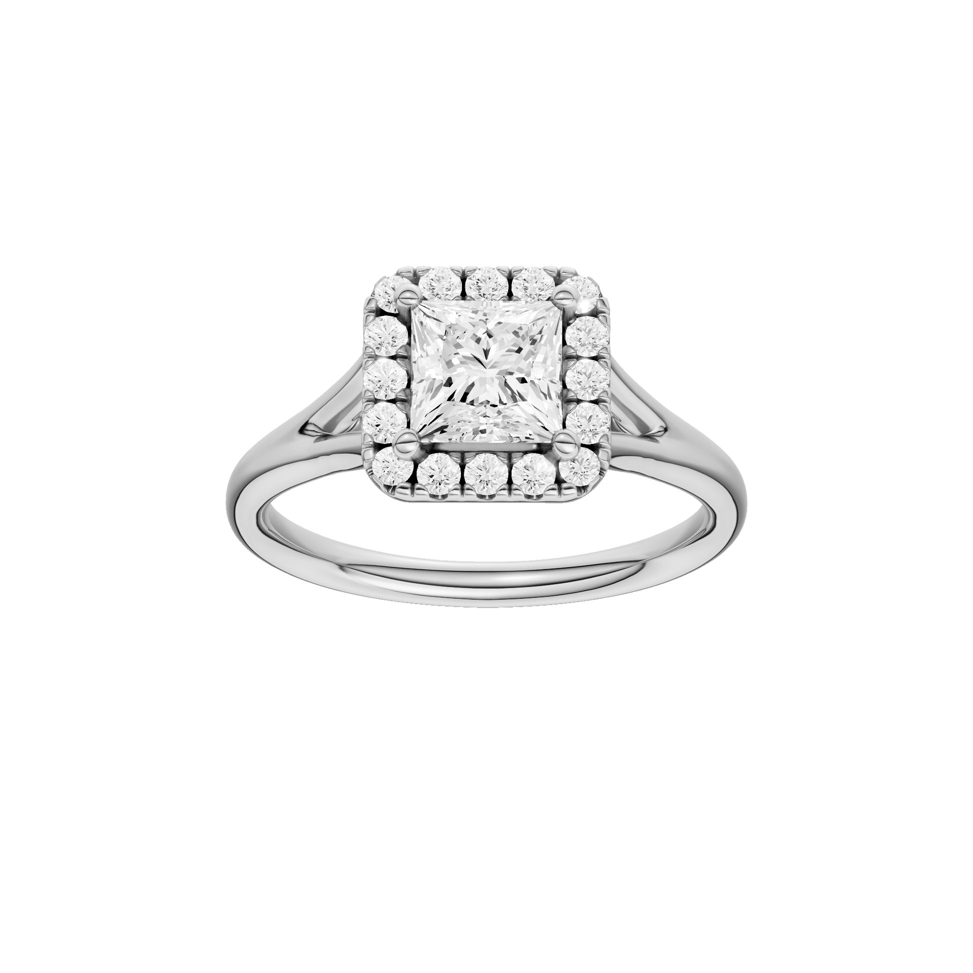 Princess-cut diamond engagement ring with a plain band and halo setting.
