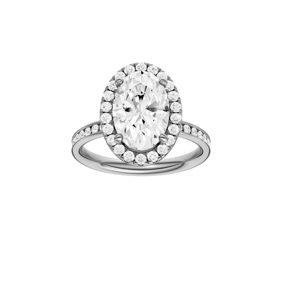 Oval-cut diamond engagement ring with a channel-set diamond band and halo setting.