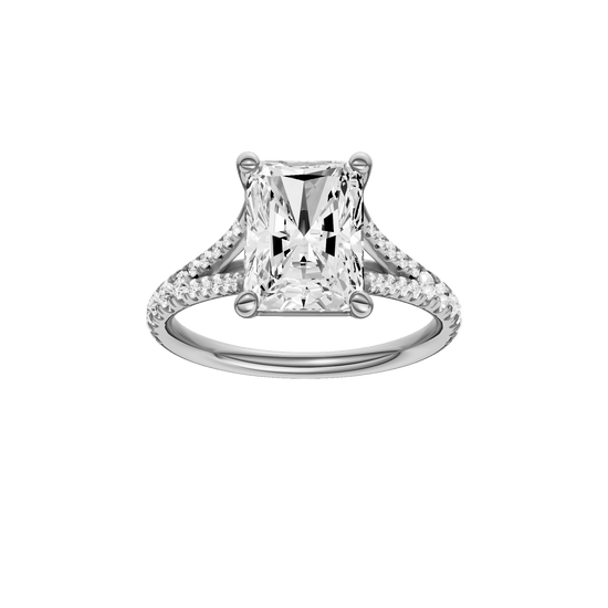 Radiant-cut diamond engagement ring with a prong-set diamond band and solitaire setting.