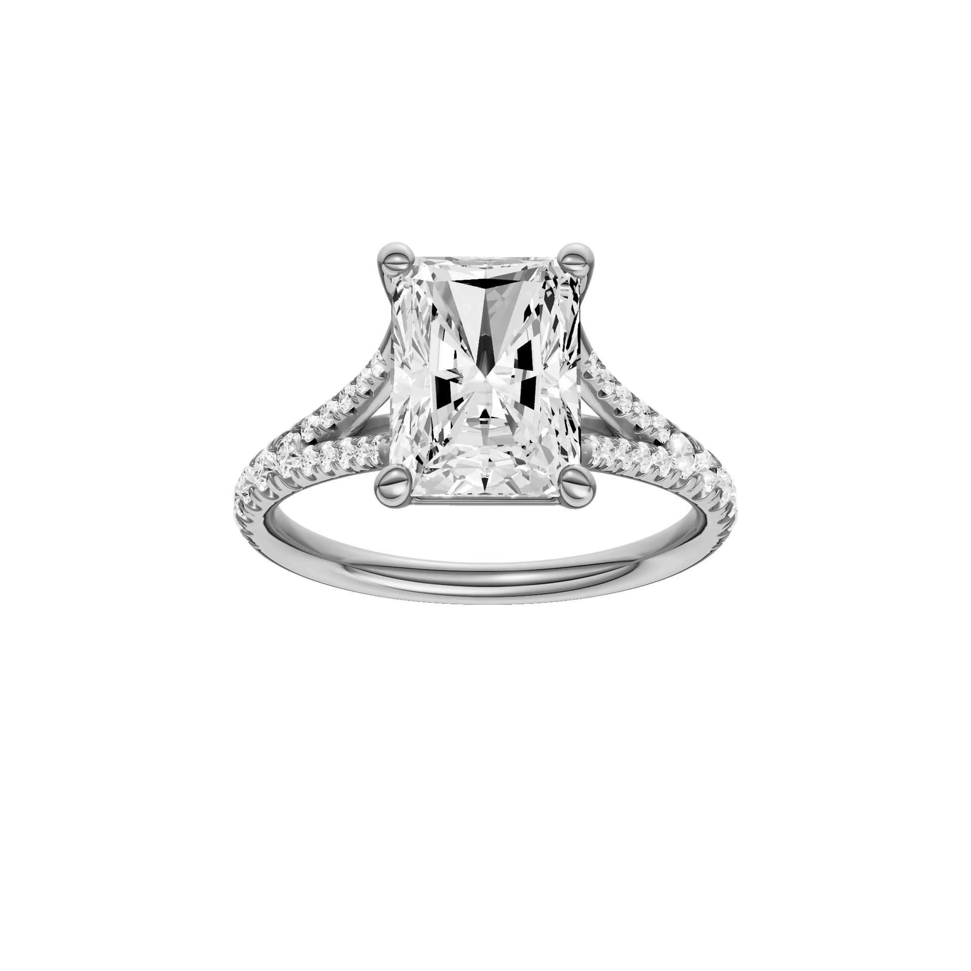 Radiant-cut diamond engagement ring with a prong-set diamond band and solitaire setting.