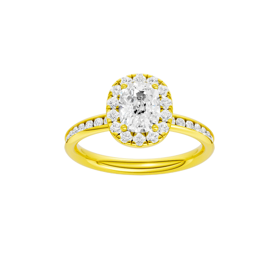 Elongated cushion-cut diamond engagement ring with a channel-set diamond band and halo setting.