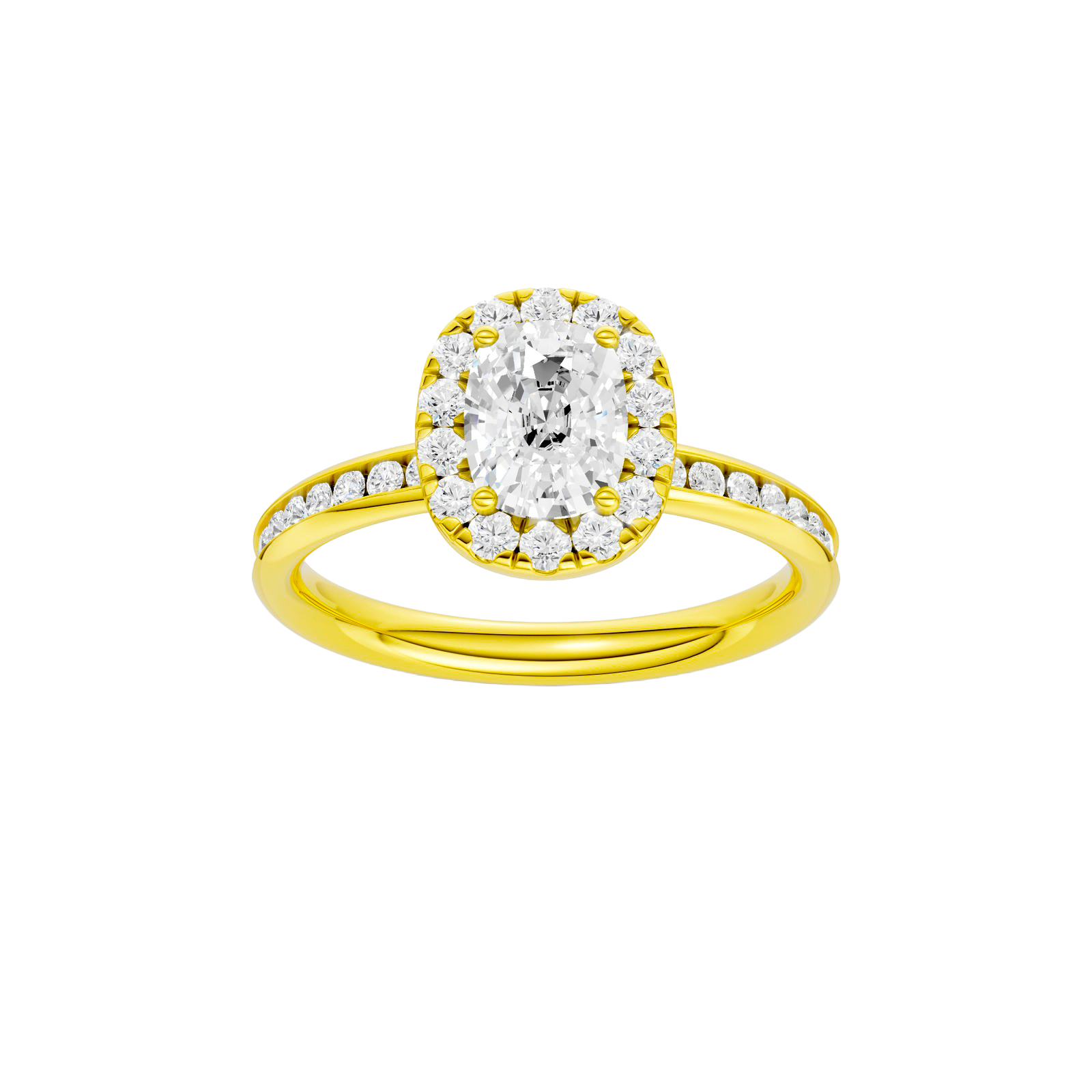 Elongated cushion-cut diamond engagement ring with a channel-set diamond band and halo setting.