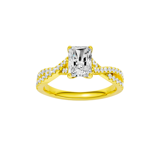 Radiant-cut diamond engagement ring in 14k yellow gold with a prong-set diamond band and twist setting