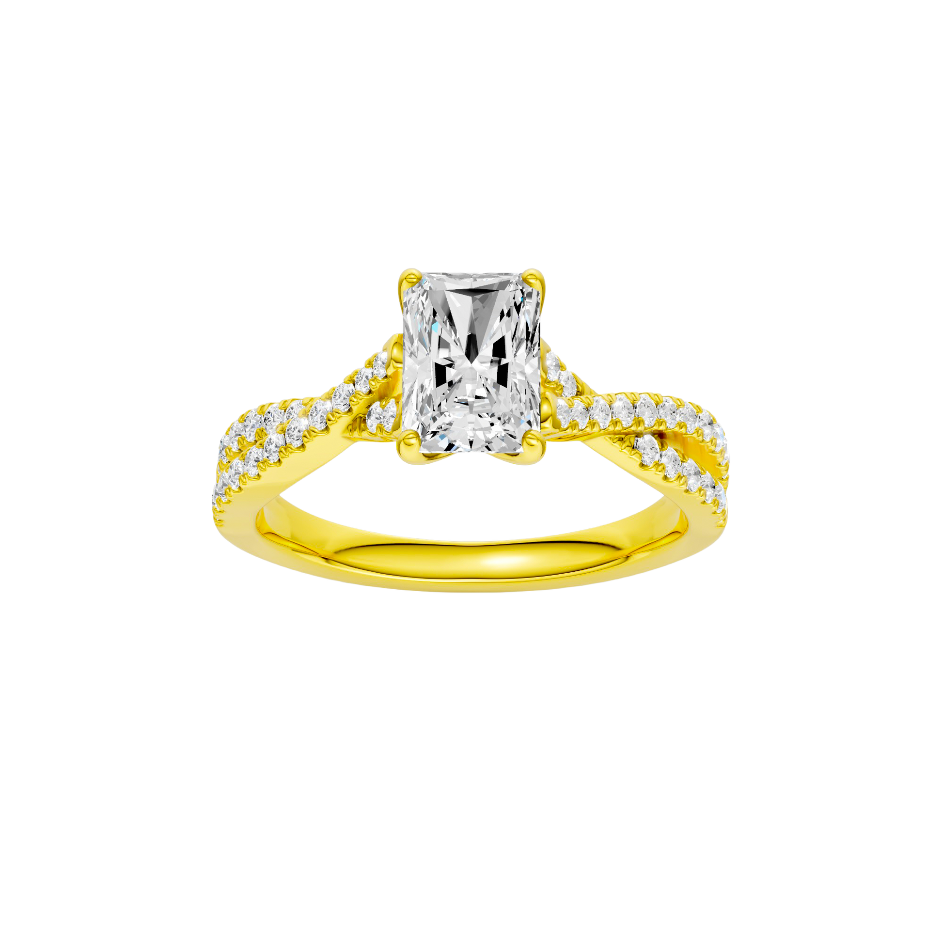 Radiant-cut diamond engagement ring in 14k yellow gold with a prong-set diamond band and twist setting