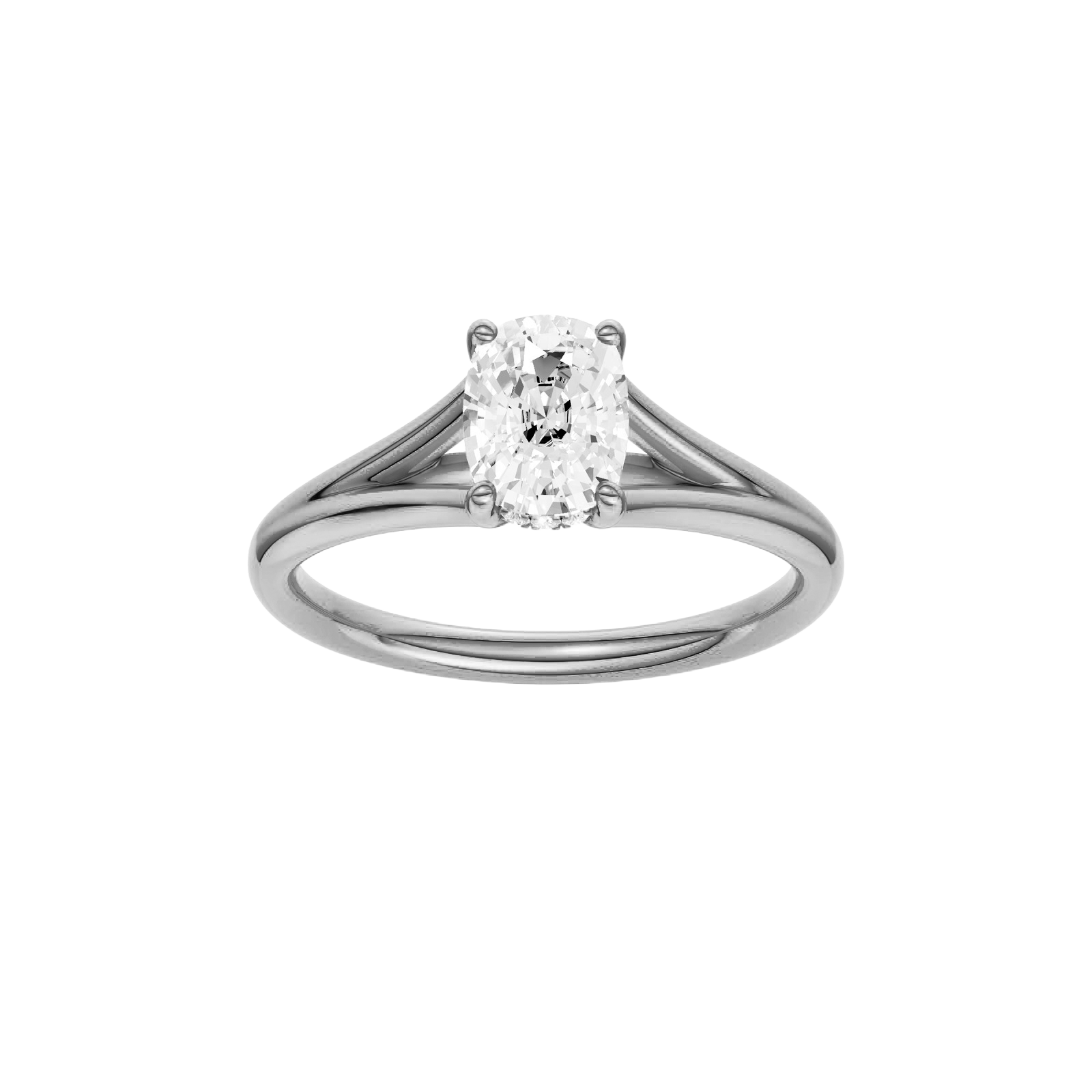 Elongated cushion-cut diamond engagement ring with a plain band and hidden-halo setting.