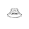 Princess-cut diamond engagement ring with a plain band and halo setting.