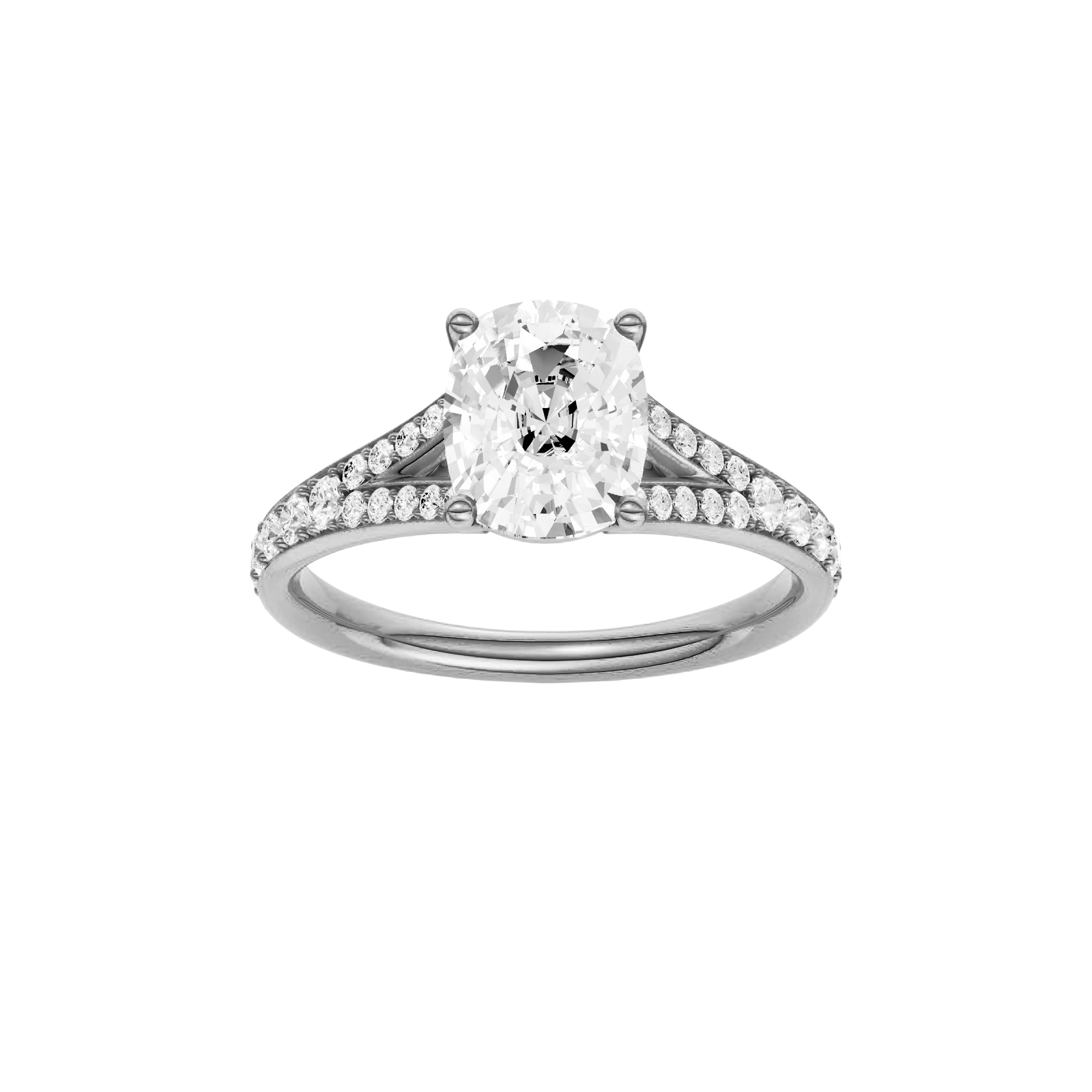 Elongated cushion-cut diamond engagement ring with a channel-set diamond band and solitaire setting.