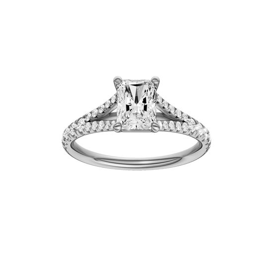 Radiant-cut diamond engagement ring with a prong-set diamond band and solitaire setting.