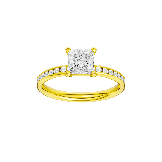 Princess-cut diamond engagement ring with a channel-set diamond band and solitaire setting.