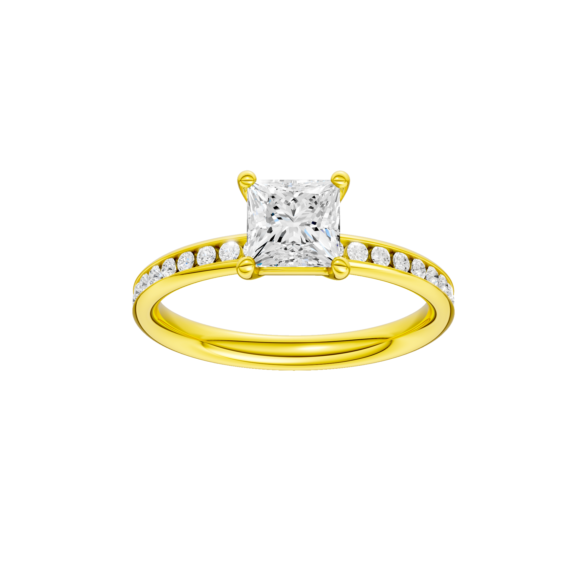 Princess-cut diamond engagement ring with a channel-set diamond band and solitaire setting.