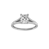 Radiant-cut diamond engagement ring with a prong-set diamond band and solitaire setting.