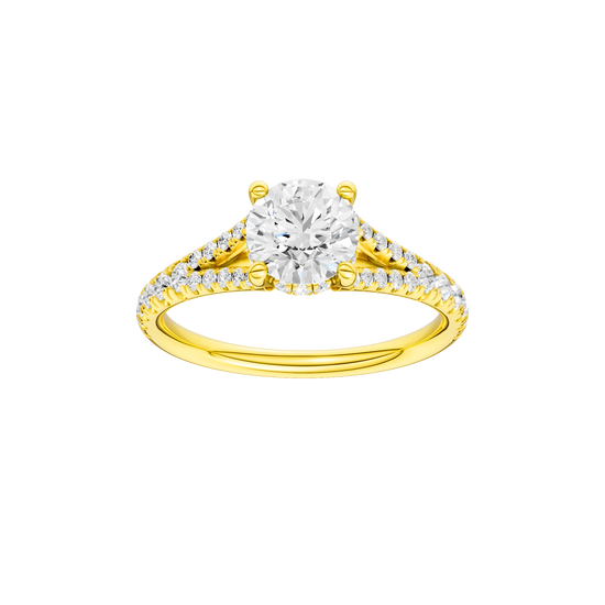 Round-cut diamond engagement ring with a prong-set diamond band and hidden-halo setting.
