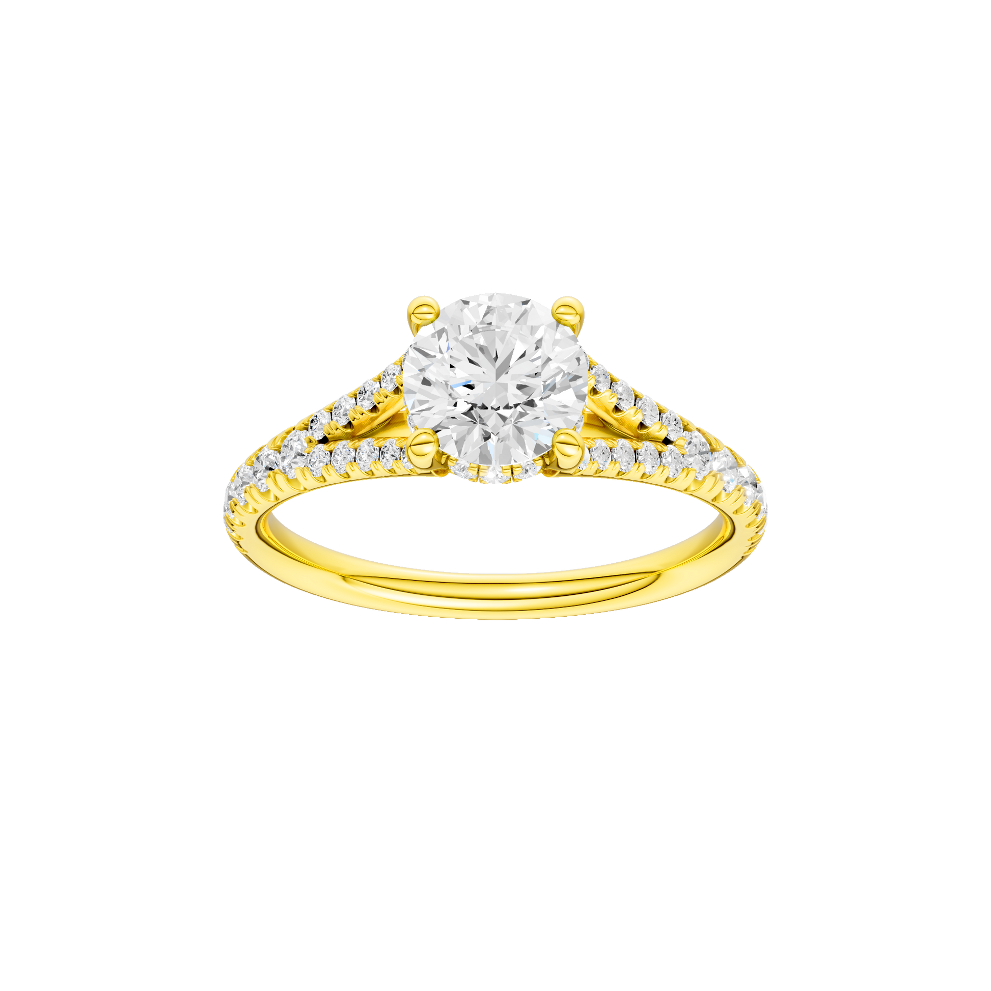 Round-cut diamond engagement ring with a prong-set diamond band and hidden-halo setting.