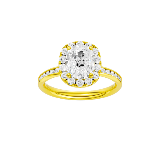 Elongated cushion-cut diamond engagement ring with a channel-set diamond band and halo setting.