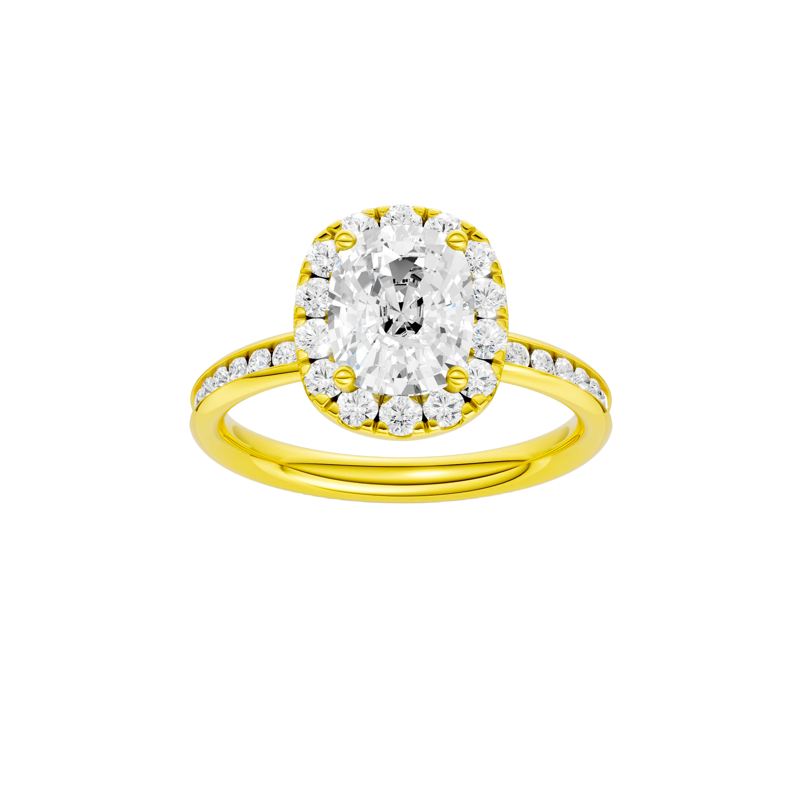 Elongated cushion-cut diamond engagement ring with a channel-set diamond band and halo setting.