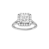 Princess-cut diamond engagement ring with a plain band and halo setting.