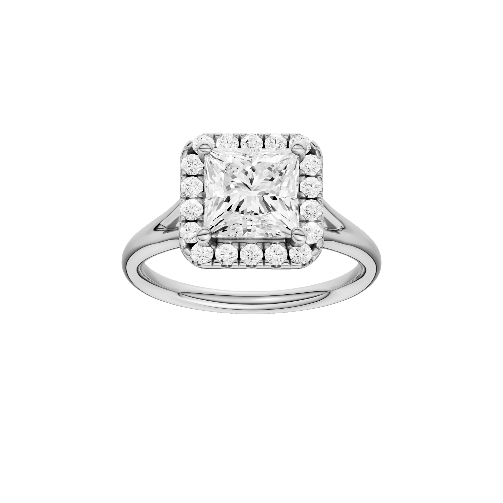 Princess-cut diamond engagement ring with a plain band and halo setting.